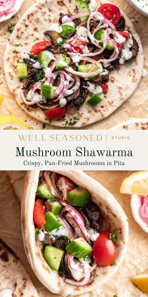 Craving the bold flavors and satisfying textures of shawarma, but looking for a plant-based option? Look no further than Pan-Seared Mushroom Shawarma! This recipe is a flavor and texture powerhouse, boasting crispy, golden-brown mushrooms packed with an irresistible blend of Middle Eastern spices. Vegetarian. #wellseasonedstudio #shawarma #mushrooms #shawarmarecipe Oyster Mushroom Shawarma, Shawarma Vegetarian, Mushroom Shawarma, King Mushroom, Shawarma Spices, Shawarma Recipe, Garlic Uses, Bread Salad, Pickled Red Onions