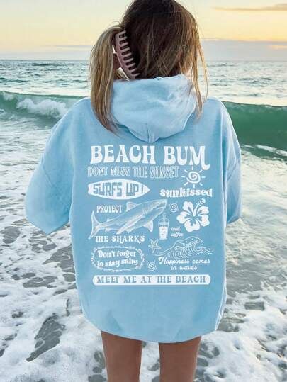 SHEIN USA Meet Me At The Beach, Happiness Comes In Waves, Stay Salty, Sunset Surf, Shark Hoodie, Womens Sweatshirts Hoods, Letter Print Sweatshirt, Surfs Up, Beach Bum