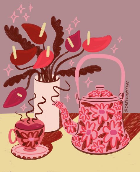 artwork by @carlyjoreeves ​​​​​​​​​ #Illustration #Artwork #DigitalArt #Drawing #ArtOfTheDay #IllustrationArt #ArtInspiration #CreativeProcess #ArtistOnPinterest #VisualArt #ArtGallery #IllustrationOfTheDay #ArtCommunity #InstaArt #ArtisticExpression #Sketchbook #IllustrationArtist #art #tea #tealover #herbaltea #flowers #laceleaf Tea Set Illustration, Cozy Prints, Tea Pot Illustration, Tea Artwork, Teapot Illustration, Teacup Art, Acryl Painting, Stage Ideas, Tea Illustration