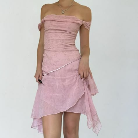 Assymetrical Prom Dress, 2000s Asymmetrical Dress, Pastel Pink Dress Aesthetic, Pink Layered Outfit, Y2k Birthday Dress, Pink Coquette Dress, Y2k Pink Dress, Early 2000s Dresses, 2000s Prom Dress