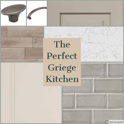 Griege And White Kitchen, Griege Cabinets Kitchen Black Hardware, Driftwood Grey Kitchen Cabinets, Greige Backsplash Kitchen, Taupe Kitchen Floor Tile, Backsplash With Taupe Cabinets, Best Quartz For Off White Cabinets, Taupe Tiles Kitchen, Backsplash For Greige Cabinets