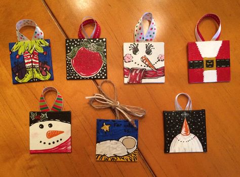 Mini Canvas Ornaments Canvas Ornaments For Kids, Canvas Christmas Ornaments Diy, Christmas Canvas Ornaments, Small Canvas Ornaments, Tiny Canvas Christmas Paintings, Mini Canvas Ornaments Diy, Small Canvas Paintings Christmas, Christmas Mini Canvas Ideas, Small Canvas Christmas Ornaments