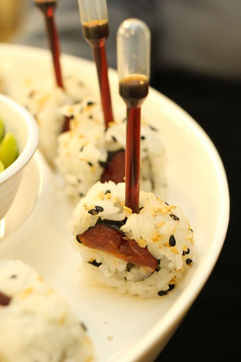 Sushi with pipettes of soy sauce. #southerncharmmoderntwist #events Gourmet Buffet Ideas, Sandwich Catering, Sushi Catering, Pipettes, Tasting Party, Food Trailer, Catering Food, Food Display, Food Experiences