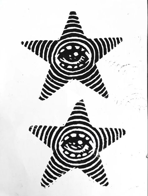 Star Lino Print, Punk Linocut, Linocut Ideas Easy, Cool Lino Prints, Lino Print Ideas, Black And White Doodles, Cool Stencils, Stencil Ideas, Lino Art