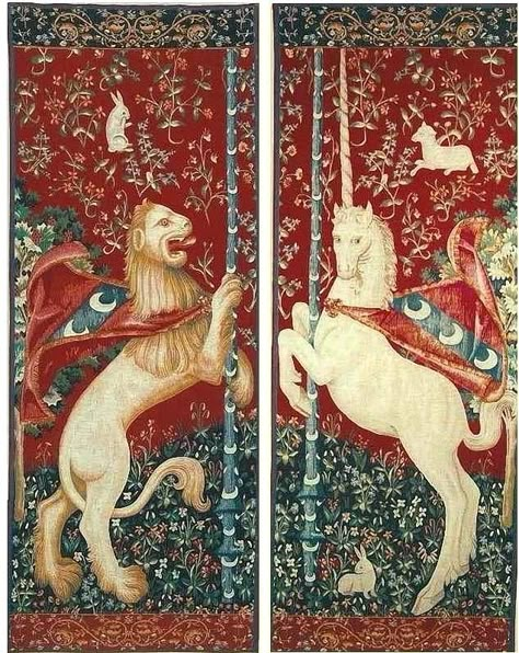 I love history. I was a member of the Society of Creative Anachronisms. Medieval Illustration, Lion Tapestry, Unicorn Tapestry, Unicorn Tapestries, Sculpture Textile, Lion And Unicorn, Medieval Tapestry, Unicorn Art, Tapestry Art