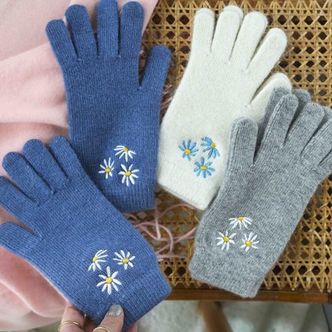 Hand Embroidered Personalised Gifts | StephieAnn Gloves Embroidery, Embroidered Gloves, Cream Gloves, Hand Embroidered Gifts, Luxury Silk Scarves, Grey Gloves, Daisy Design, Embroidered Gifts, White Daisies