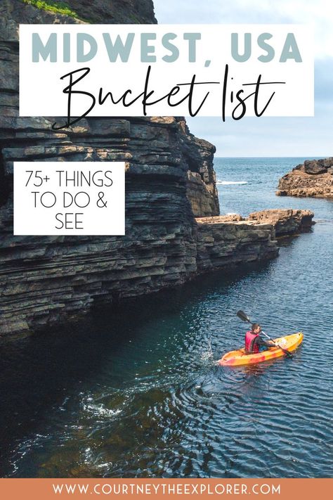 34 hikes, 11 cute small towns, 10 Midwest hidden treasures, and the best cities to visit this summer! A bucket list for Midwest travel - explore middle America (the best place on earth, yeah?)!! Illinois, Indiana, Kanas, Iowa, Michigan, Minnesota, Ohio, Missouri, Nebraska, North Dakota, South Dakota, and Wisconsin! 75+ places to see and things to do this summer! #midwesttravel #usatravel #localtravel #travel Midwest Bucket List, Missouri Bucket List, Indiana Bucket List, Backpacking Places, Motorhome Trip, Midwest Travel Destinations, North Dakota Travel, Midwest Vacations, South Dakota Road Trip