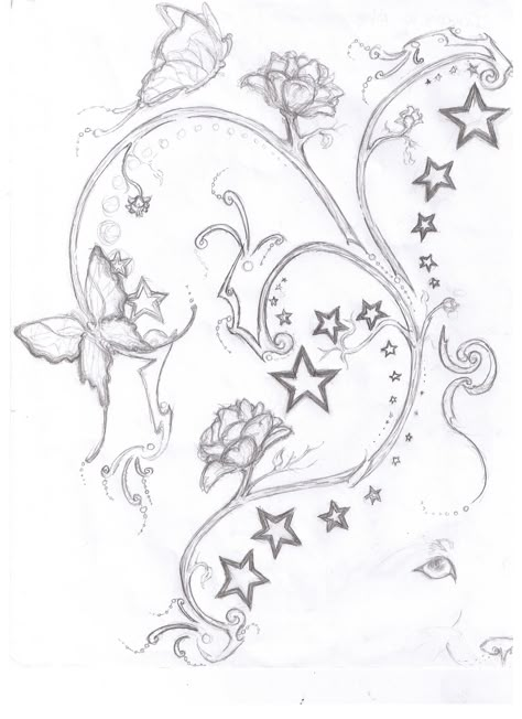 Butterfly's&Stars this will make such a cute tattoo Arte Grunge, Tattoo Style Drawings, Doodle Art Designs, Mini Drawings, Star Tattoos, Tattoo Design Drawings, Book Art Drawings, Creative Tattoos, Sketchbook Art Inspiration