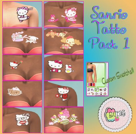 Eluney's Design Sims 4 Sanrio, Sanrio Tattoos, Tatuaje Hello Kitty, Sims 4 Cheats, Sims 4 Tattoos, Hello Kitty Tattoos, Sims 4 Body Mods, Sims 4 Cc Folder, Bloxburg Decal Codes