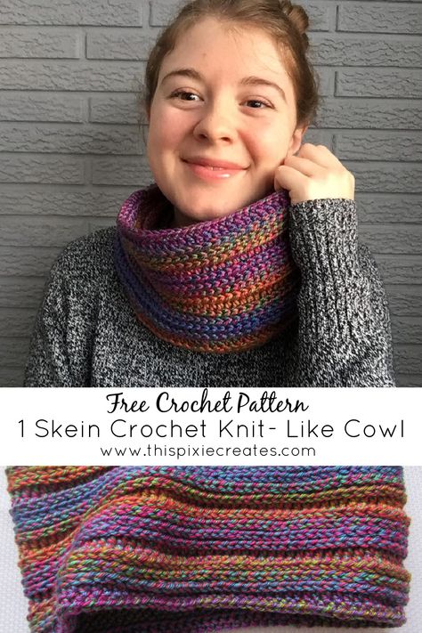 I love the look of knit garments, but no matter how hard I try, I can't teach myself to knit. If you're like me, you'll love this easy 1 skein crochet cowl that uses basic crochet stitches to create a knit-like look. Go grab your most colourful skein of yarn, and let's get started! Crochet Projects With Wool Yarn, Neck Warmers Crochet Free, Simple Crochet Cowl Pattern Free, Easy Crochet Cowl Pattern Free Simple, Crochet Cowl Pattern Free One Skein Infinity Scarfs, One Skein Crochet Cowl, 10mm Crochet Hook Pattern, Crochet Neck Cowl Free Pattern, Easy 1 Skein Crochet Projects