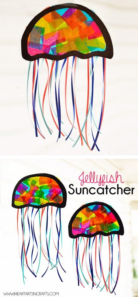 Suncatcher Jellyfish Kids Craft // For more family resources visit www.tots-tweens.com! :) Pineapple Diy Crafts, Ocean Friends Craft Sticks, Under The Sea Crafts Elementary, 1st And 2nd Grade Art Projects, Tropical Crafts For Kids, Luau Crafts For Kids, Senior Citizen Crafts, Wednesday Room, Spring Kids Craft