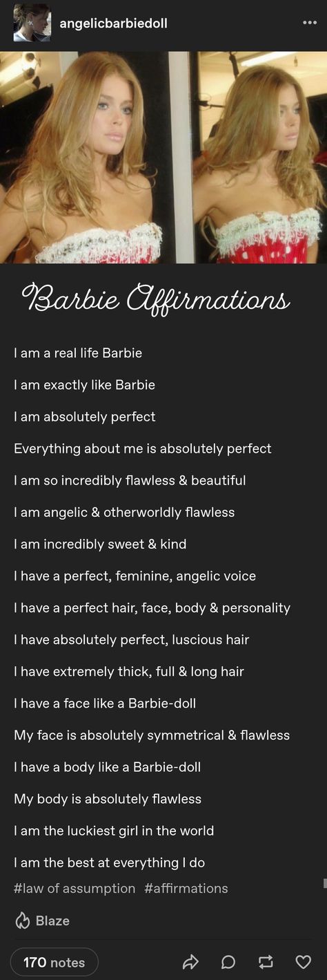 Doll Beauty Affirmations, Barbie Affirmations, Subliminal Affirmations, Beauty Affirmations, Doll Beauty, Prettiest Girl, Luscious Hair, Dark Feminine Aesthetic, Barbie I