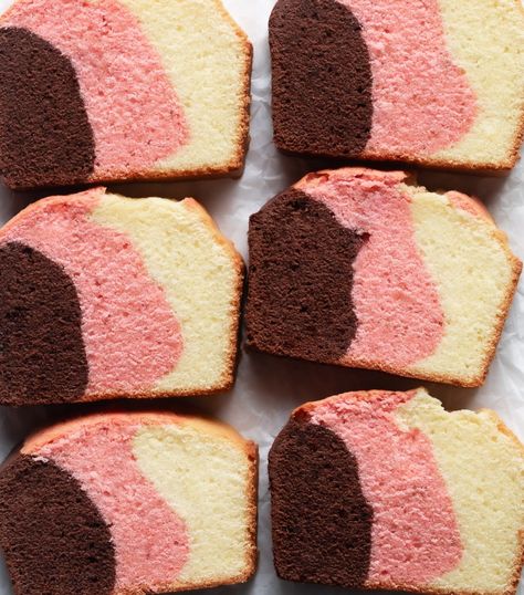 neapolitan pound cake slices Perfect Pound Cake, Neapolitan Pound Cake, Cake Slice Recipe, Pound Cake Loaf, Brazilian Cake, Pound Cake Dessert Ideas, Buttermilk Loaf Cake, Brown Butter Cake, Loafs Recipes