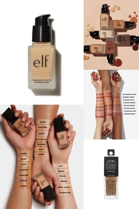 RESTORE & ILLUMINATE: e.l.f. Flawless Finish Foundation is a lightweight liquid foundation that naturally blends into skin (and hydrates while you’re at it) to help improve uneven skin tone and texture. The shade Buff is light with peachy undertones. E.l.f Foundation, Elf Flawless Finish Foundation Swatches, Elf Foundation, Medium Olive Skin, Find Your Foundation Shade, Makeup 2022, Olive Skin, Pretty Pics, Foundation Shades