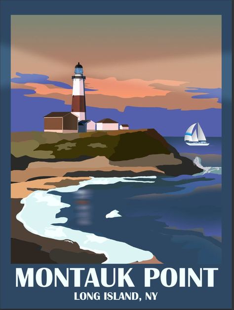 Long Island Poster, Port Washington New York, Lighthouse Poster, Police Art, Montauk Lighthouse, Lighthouse Drawing, Island Poster, Montauk Ny, Stony Brook