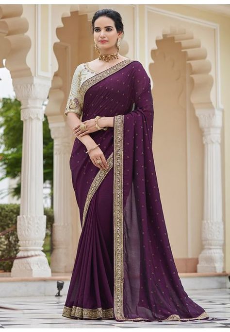 Burgundy Silk Saree with Embroidered Blouse Purple Sari, Contemporary Saree, Bollywood Sarees Online, Wedding Sarees Online, Bollywood Bridal, Purple Saree, Latest Indian Saree, Indian Party, Sarees Silk