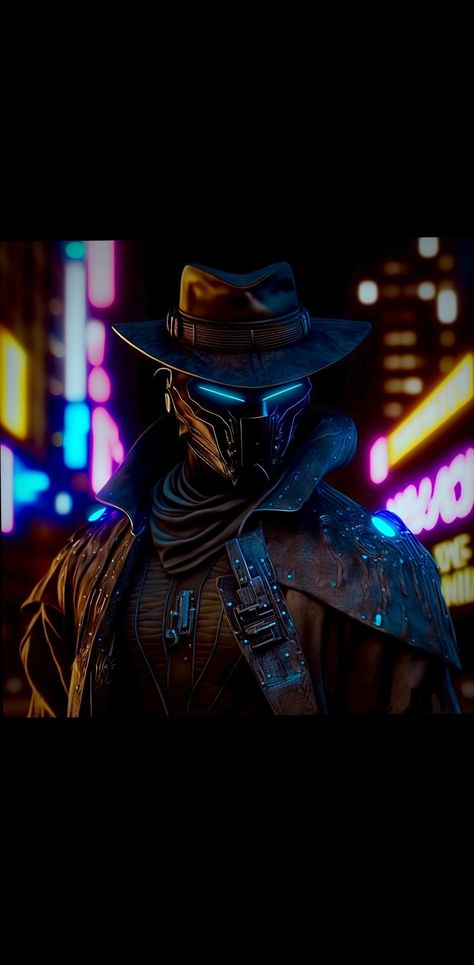 Cyberpunk Mandalorian, Cyberpunk Star Wars, Futuristic Bounty Hunter, Space Bounty Hunter Concept Art, Star Wars Bounty Hunter Concept Art, Robot Bounty Hunter, Sci Fi Bounty Hunter, Cyberpunk Western, Sci Fi Cowboy