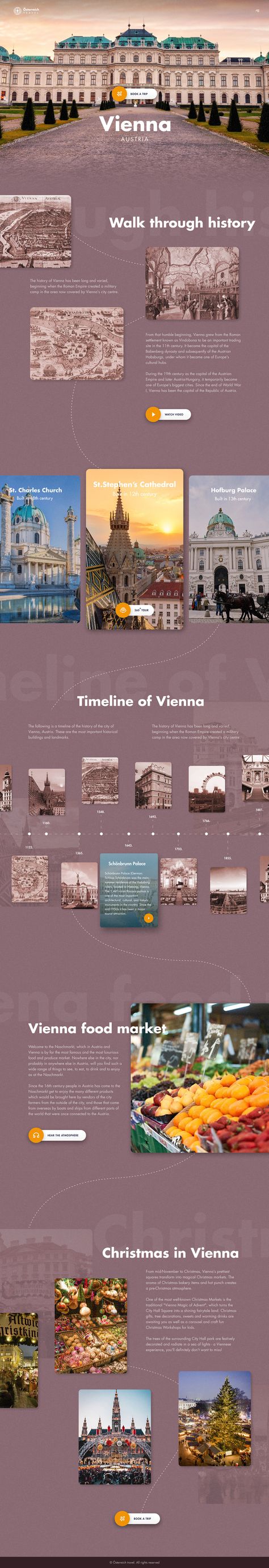 This is a website design concept I did a few years ago for the website showcasing the history tour of Vienna. The city's architecture inspired the color scheme, evoking the elegance and grandeur of Vienna's past. The UI layout incorporates maps and timelines to showcase Vienna's rich history, with interactive elements like audio guides and 360-degree virtual tours to enhance the user experience. The overall design tries to capture the essence of Vienna's cultural heritage and convey a sense of Tour Guide Website Design, Cultural Website Design, Website Timeline Design Ideas, Timeline Website Design Layout, History Website Design, Website Timeline Design, Timeline Website Design, City Website Design, History Ui Design