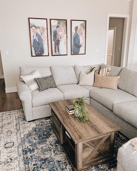 Over Sectional Couch Wall Decor, Above Couch Wall Decor Pictures, Gallery Wall Over Sectional Couch, Mixtiles Above Couch, Newlywed Living Room, Canvas On Wall Ideas Living Room, Living Room Decor Pictures Wall, Picture Decor Ideas Living Room, Pictures For Above Couch