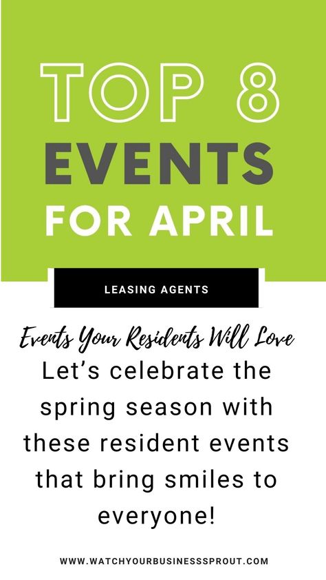 Apartment Community Marketing, April Events For Residents, Spring Marketing Ideas Healthcare, Spring Resident Events, Resident Event Ideas Apartments, Apartment Resident Events Ideas, April Resident Events, Resident Events Property Management, Apartment Community Events