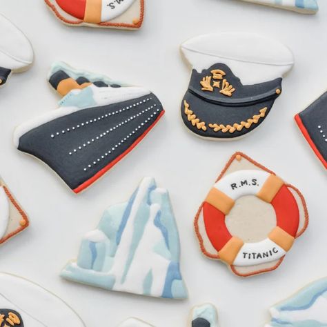 Titanic Cookies Decorated, Titanic Cookies, Titanic Birthday Party For Kids, Titanic Party Ideas, Cruise Cookies, Titanic Birthday Party, Titanic Cake, Titanic Birthday, Titanic Party