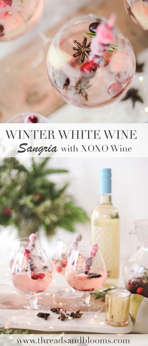 Rose Sangria Recipes Winter, Winter White Wine Sangria, Winter Wine Cocktails, White Wine Christmas Drink, Winter Spritzer Drinks, White Winter Sangria, Winter Sangria Recipes White, Winter White Sangria, Christmas Wine Cocktails