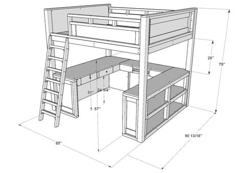 DIY loft bed Sleep & Study - DIY projects plans Diy Full Size Loft Bed Plans, Full Size Loft Bed Diy, Full Size Bed Ideas, Diy Loft Bed For Adults, Loft Bed Aesthetic Room, Loft Bed Diy Plans, Diy Loft Bed Plans, King Size Loft Bed, Diy Cabin Bed