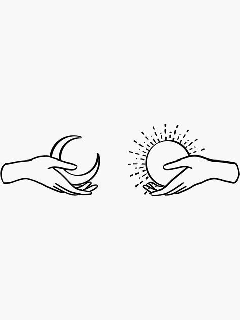 Hand Holding Moon And Sun Tattoo, Sun And Moon Hands Tattoo, Moon And Sun Aesthetic Drawing, Collar Bone Tattoo Spiritual, Sun And Moon Sketch Simple, Half Sun Half Moon Drawing, Hands Holding Sun And Moon Tattoo, Sun And Moon Sticker, Sun And Moon Drawing Easy