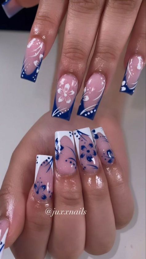 Girly Acrylic Nails Blue, Dark Blue Summer Nails, Morocco Nails, Summer Nails Blue, 15 Nails, Cruise Nails, Nails Collection, Beachy Nails, Girly Acrylic