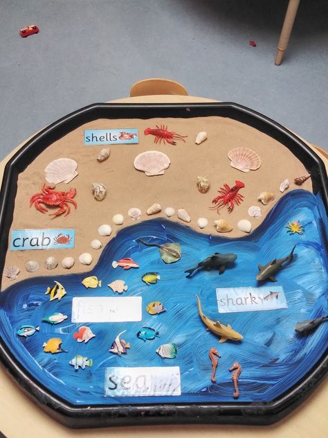 Ocean Themed Tuff Tray, Fish Tuff Tray Ideas, Sea Life Dramatic Play, Rainbow Fish Sensory Activities, Under The Sea Outdoor Activities, Ocean Tuff Tray Ideas, Seaside Tuff Tray Ideas, Summer Nursery Activities, Beach Tuff Tray Ideas