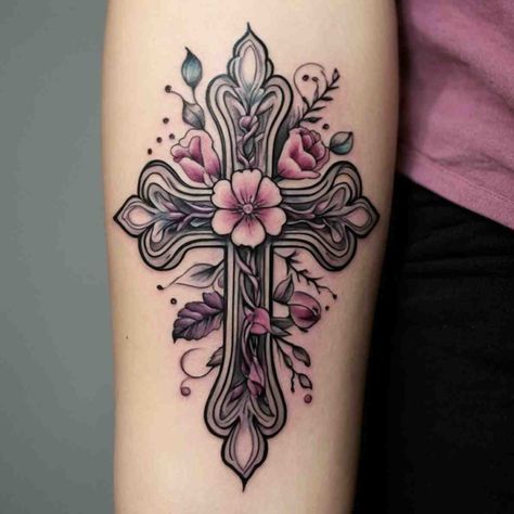 Baptist Tattoo Ideas, Cross And Feather Tattoo, Raider Tattoos For Women, Christian Themed Tattoos, Christian Finger Tattoos, Cross Butterfly Tattoo, Small Country Tattoos, Christian Sleeve Tattoos For Women, Cross Tattoo With Flowers