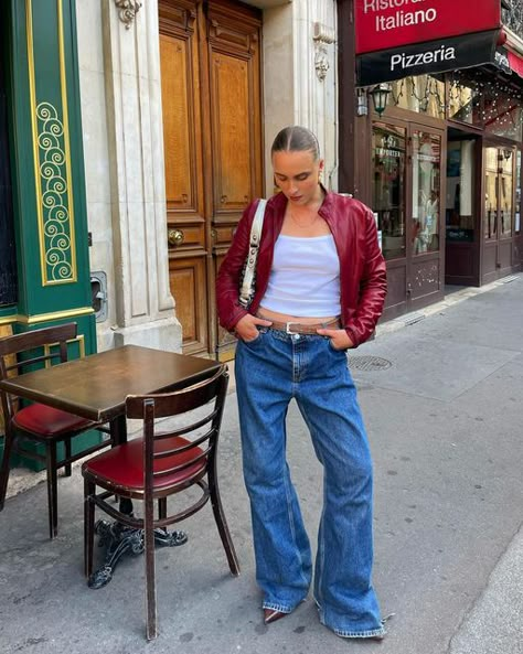 Lara on Instagram: "How do we like my recent vintage find ?🤍🤍🤍" 70s Inspired Outfits Autumn, Red Details Outfit, Red Leather Jacket Outfit Women, Red Leather Boots Outfit, Red Vintage Jacket, Red Leather Jackets, Style Inspo Vintage, Red Leather Jacket Outfit, Red Jacket Outfit