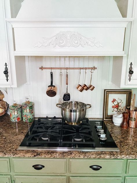 Rail Above Stove, Copper Pots Above Stove, Pot Rail, Kitchen Rails, Copper Utensils, Copper Paint, French Country Kitchen, Kitchen Stove, Copper Pots