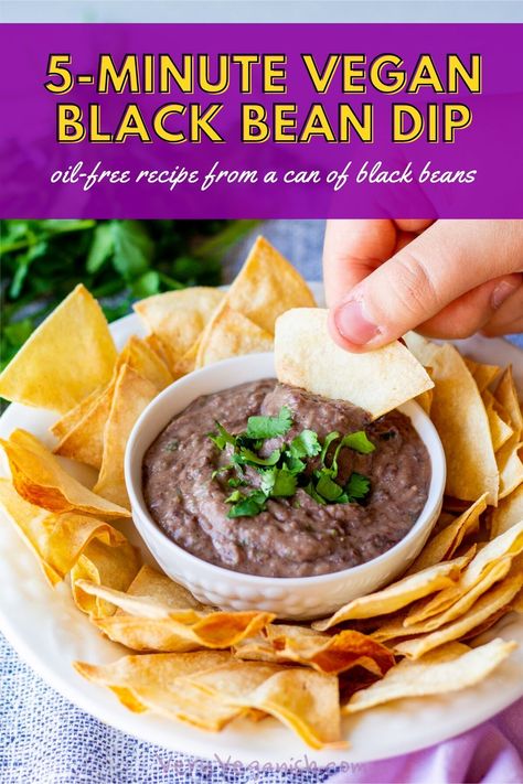 In just 5 minutes, make this vegan black bean dip with a can of black beans, spices and seasonings. It's full of flavor and perfect with chips or as a veggie dip. Options to make this dairy-free, vegetarian black bean dip spicy are included! This easy, healthy, vegan black bean dip is ready so quick for parties, game night or movie night. Creamy Black Bean Dip, Bean Dip Dairy Free, Homemade Black Bean Dip, Vegan Black Bean Dip, Black Bean Avocado Dip, Spicy Appetizer Recipes, Easy Bean Dip, Vegan Chips, Dairy Free Dips