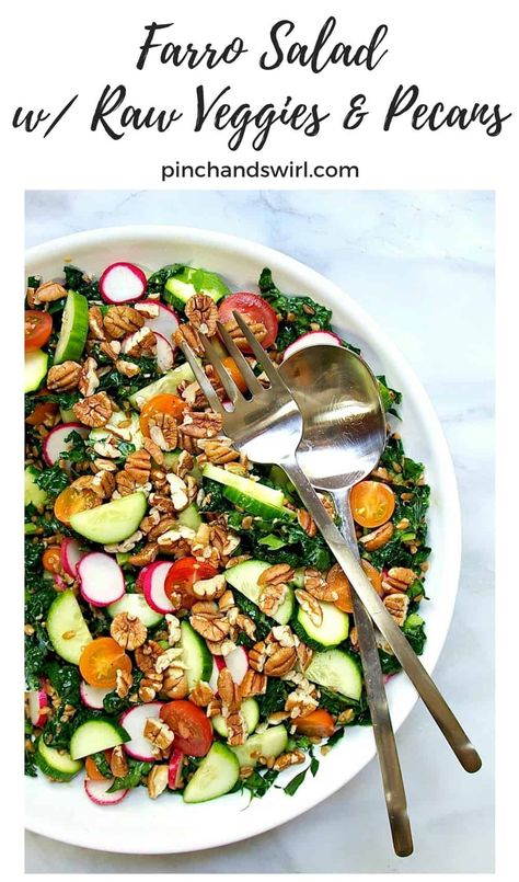 This farro salad is loaded with crunchy raw zucchini, radishes and cucumber, sweet tomato, buttery pecans, tangy lemon and Italian kale that's had a peanut butter massage. Yes, you read that right. #veganrecipes #veganfood #farro #ancientgrains Unique Salad Recipes, Sushi Salad, Unique Salad, Superfood Salad, Farro Salad, Warm Salad, Grape Salad, Beef Salad, Vegetarian Salads