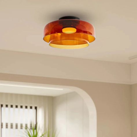 This ceiling light is both decorative and functional, adding a sculptural element to any wall or ceiling. The beautiful hand-blown, sandblasted amber glass shade is paired with a white frosted glass diffuser which casts a soft, ambient glow. Ceiling Lamp Design, Glass Ceiling Lamps, Ceiling Light Design, Glass Ceiling Lights, Pendant Lamp Shade, Creative Personality, Glass Ceiling, Glass Diffuser, Flush Mount Ceiling