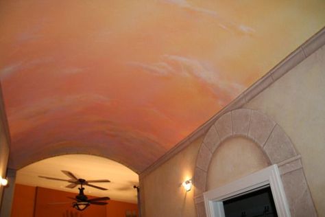 Sunset Ceiling, Camp Nursery, Red Ceiling, Hallway Ceiling, Sky Ceiling, Ceiling Painting, Fishing Room, Sunrise Painting, Ceiling Murals