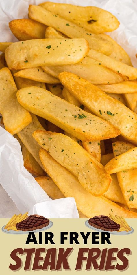 Air fryer steak fries, are so crispy and golden. They are a perfect side dish to your dinner, or even a quick after school snack. Air Fryer Frozen Steak Fries, Air Fry Steak Fries, Air Fryer Steak Fries Homemade, How To Make Steak Fries, Fryed Veggies, Steak Fries In Air Fryer, Air Fryer Steak Fries, Homemade Air Fryer French Fries, Air Fry Steak