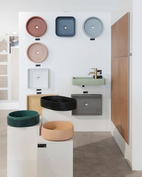 Tiles + Bathware Canberra on Instagram: "Who would have thought, that coloured concrete basins would be a must have in a modern bathroom?? Come in and see our @nood_co display today! 🤩 - #concretebasins #colouredbasins #showroom" Nood Co Basin, Coloured Concrete, Bathroom Showrooms, Showroom Display, Concrete Basin, Creative Concept, Office Branding, Interior Design Mood Board, Bathroom Basin