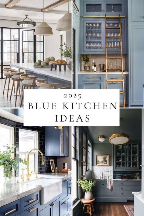 Beautiful Blue Kitchen Cabinet Ideas and Trends for 2025 – jane at home Blue Upper Cabinets Wood Lower, Blue Kitchen Cabinets Decor Ideas, Blue Kitchen White Countertops, Kitchen Ideas With Blue Walls, Non White Cabinet Kitchen, White Blue And Wood Kitchen, Blue White And Brown Kitchen, Blue White And Natural Wood Kitchen, Monochromatic Blue Kitchen