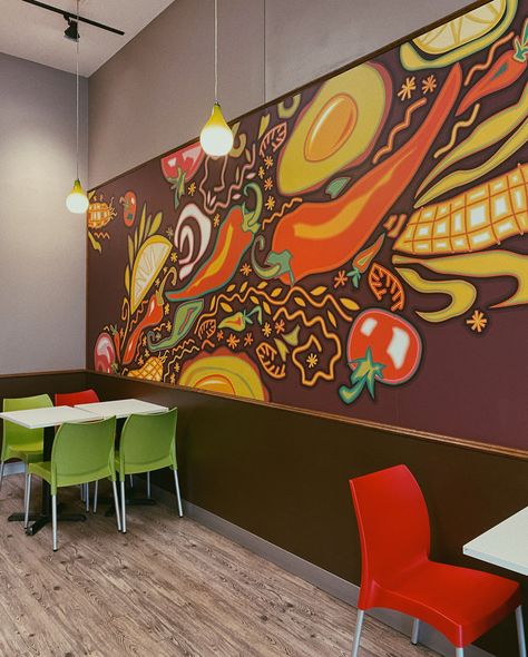 Restaurant Mural Ideas, Restaurant Murals, Food Mural, Restaurant Mural, Wall Art Restaurant, Mexican Restaurant Design, Mural Cafe, Small Restaurant Design, Mural Kitchen