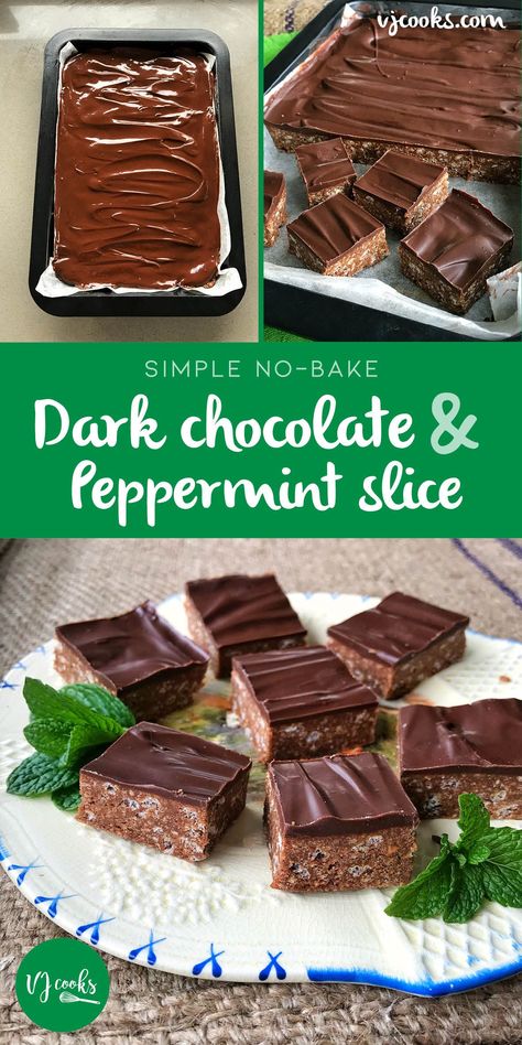 Delicious no-bake dark chocolate peppermint slice, easy recipe from VJ cooks #nobakeslice #chocolateslice #chocolatepeppermint Vj Cooks - Recipes, Peppermint Slice, Vj Cooks, Slice Recipes, No Bake Slices, Peppermint Recipes, Cake Slices, Chocolate Slice, Bake Recipes