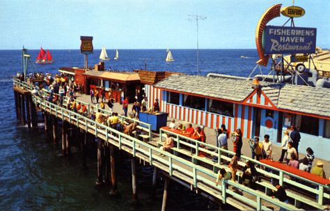 Monstad Pier Fisherman's Village Redondo Beach CA | Fishermen's Haven Restaurant Redondo Beach Pier, Googie Architecture, Redondo Beach California, Cowgirl Photo, California Beaches, Vintage Ocean, California History, Beach Pier, California Photos