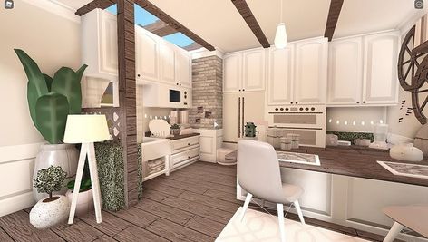 Big Bloxburg Kitchen Ideas, Kitchen Interior Bloxburg, Cute Kitchen Bloxburg, 2 Story Bloxburg House, Bloxburg Interior, Bloxburg House Ideas Outside, Cottage House Interior, Preppy House, House Ideas Outside