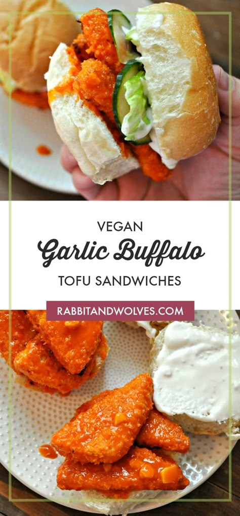 Vegan Garlic Buffalo Tofu Sandwich - Rabbit and Wolves Garlic Buffalo Sauce, Vegan Blue Cheese, Crispy Baked Tofu, Rabbit And Wolves, Buffalo Tofu, Tofu Sandwich, Baked Tofu, Tasty Vegetarian Recipes, Vegan Sandwich