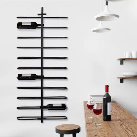 Metal Wall Mounted Wine Rack (47.25" x 20.5" x 3.5") - On Sale - Bed Bath & Beyond - 31762592 Diy Wine Rack Projects, Wine Wall Display, Wine Storage Wall, Modern Wine Rack, Liquor Shelf, Mounted Wine Rack, Wine Rack Design, Wine Closet, Home Wine Cellars