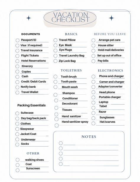 Organized Packing: An organized approach to packing saves time and makes the process smoother. Quick Reference: It serves as a quick reference to ensure you have everything covered, saving time double-checking or making last-minute runs to the store. Cottage Checklist, Vacation Prep Checklist, Vacation Prep, Travel Packing Checklist, Vacation Checklist, Holiday Checklist, Travel Prep, Holidays Ideas, Packing Checklist