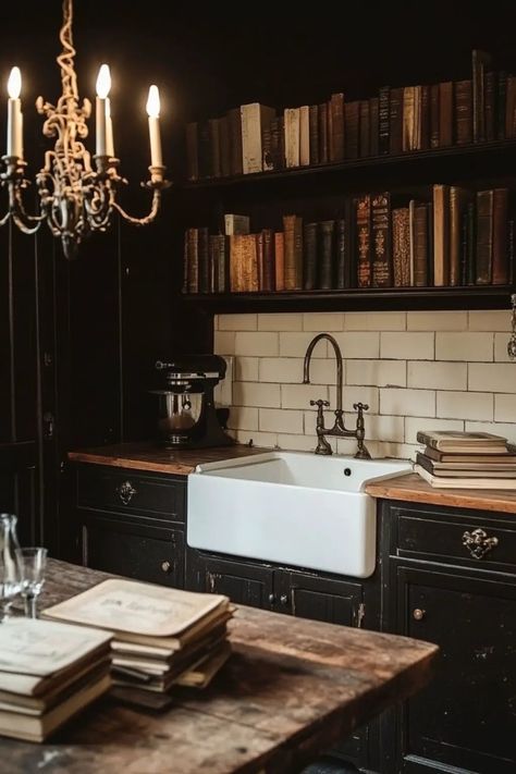 Academia Kitchen Aesthetic, Dark Academia Kitchen Aesthetic, Dark Kitchen Aesthetic, Academia Kitchen, Budget Kitchen Cabinets, Dark Academia Kitchen, Academia House, English Cottage Kitchens, Kitchy Kitchen