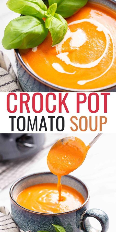 Enjoy the rich flavors of crock pot creamy tomato soup. It's a simple and satisfying recipe that will warm you up with each spoonful. Tomato Soup Crock Pot Easy, Simple Crock Pot Soup Recipes, Creamy Tomato Soup Crockpot, Tomatoe Soup Crockpot, Tomato Soup Crock Pot, Healthy Crockpot Soups, Crock Pot Tomato Soup, Healthy Crockpot Soup Recipes, Crockpot Tomato Soup