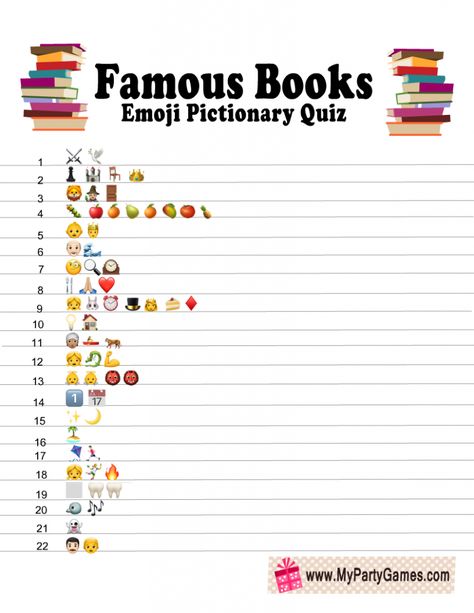 Free Printable Famous Books Emoji Pictionary Quiz Emoji Book Titles, Book Quizzes, Emoji Puzzle, Emoji Quiz, World Book Day Ideas, Library Games, Movie Quiz, Book Launch Party, Emoji Games